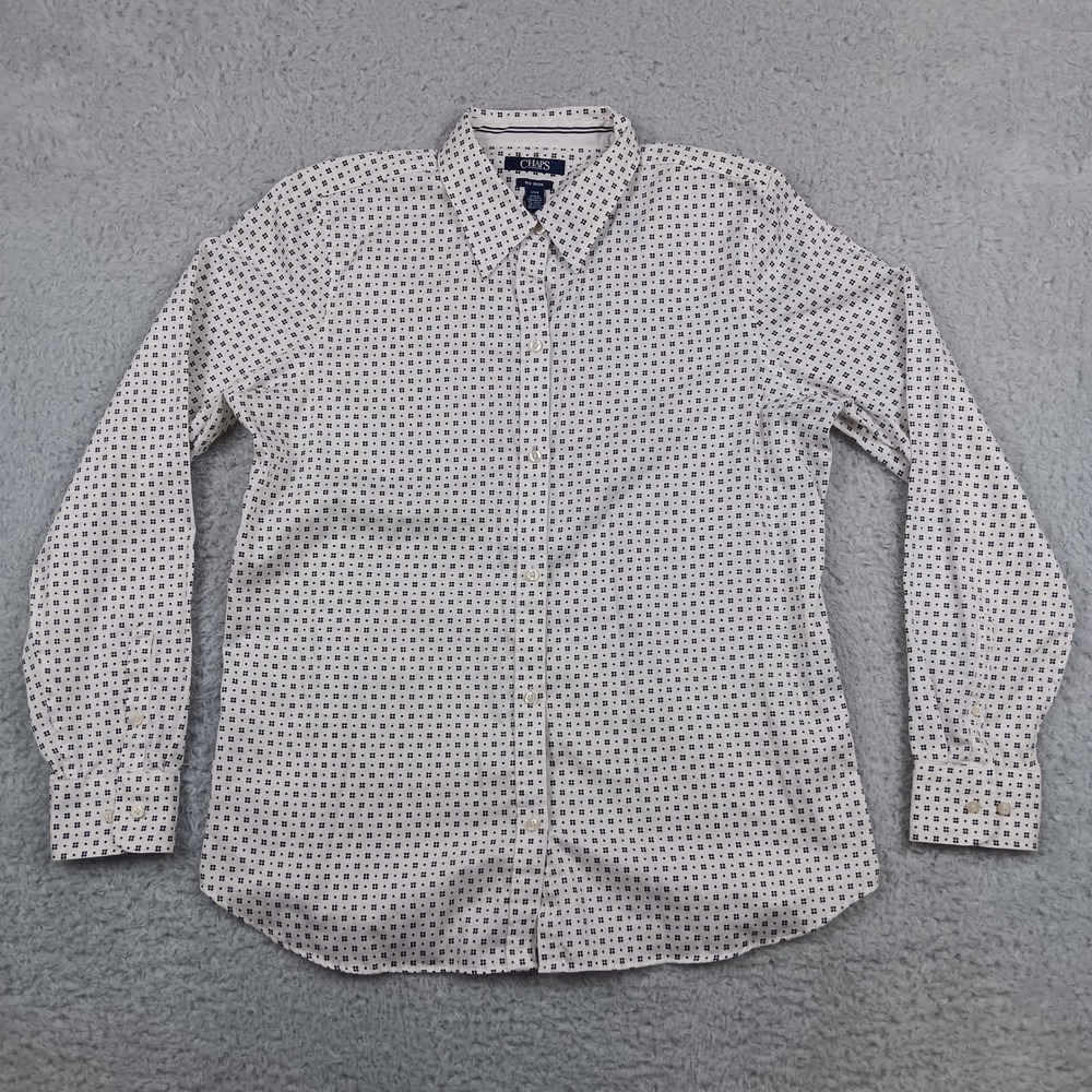Chaps Button Down No Iron Womens L White Navy Geometric Print Long Sleeve Shirt